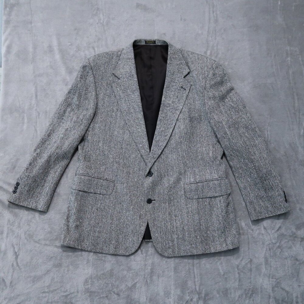 Vintage Robert Stock Blazer Mens 46R Black Herringbone Sport Coat Business City